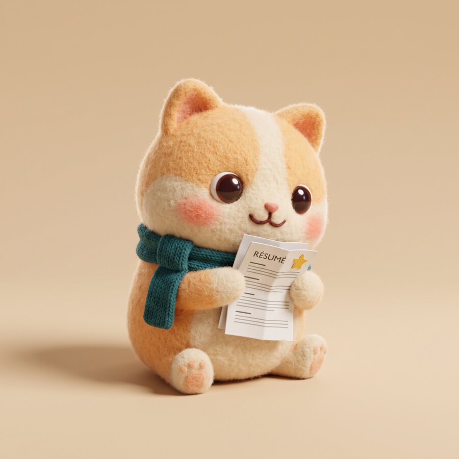 Nesa's mascot, a felt hamster in a teal scarf, holding a résumé